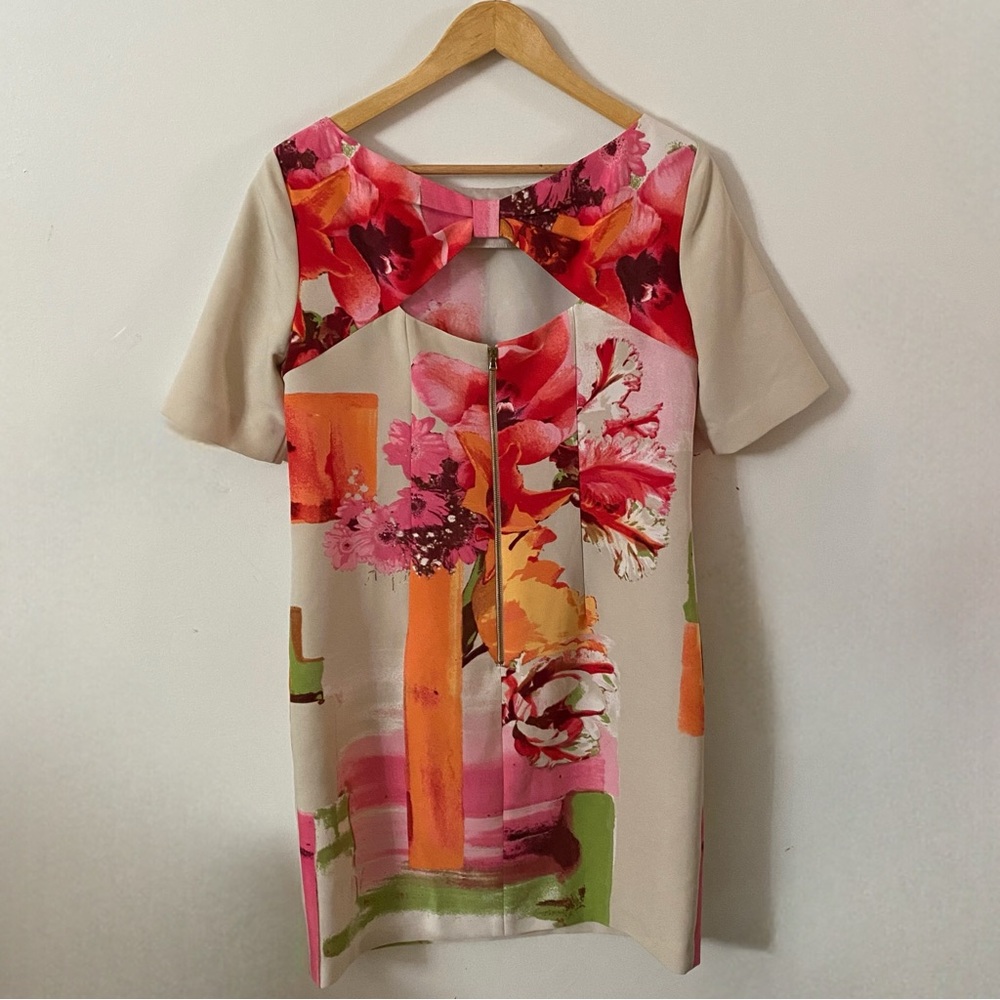 Gabby Skye Pink, Cream & Orange Abstract Floral Shift Sheath Dress with Pockets - Picture 6 of 14